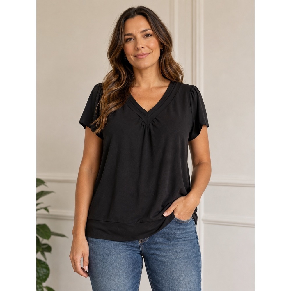 George Womens Black Short Sleeve V-Neck Pleated Trim Blouse Top Size L 12-14